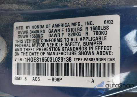 2003 Honda Civic Lx z USA, uszkodzony, nr VIN 1HGES16503L029138